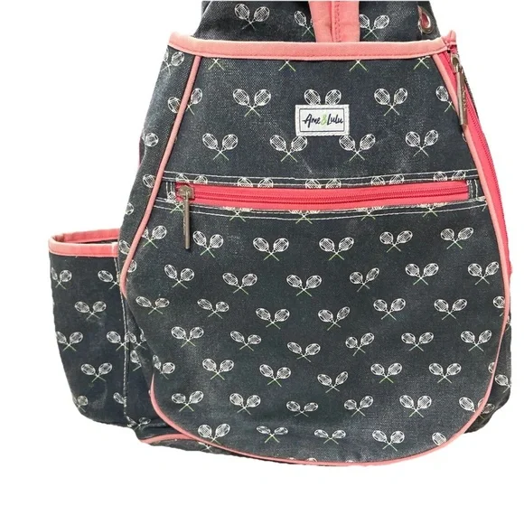 Stylish Blue Canvas White Tennis Racket Patternand Pink Accents Tennis Backpack - Picture 3 of 8